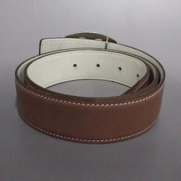 100% Auth HERMES Double H Brown Cream Leather Hardware square K Belt 364-102724 - Picture 2 of 7